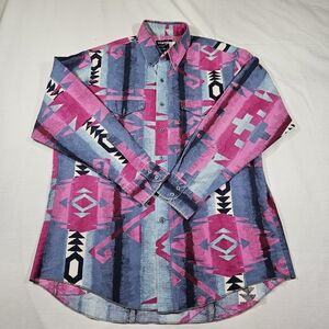 Vintage Wrangler Western Shirt Pink Blue Aztec Tribal Size 17 - 34 Made In USA